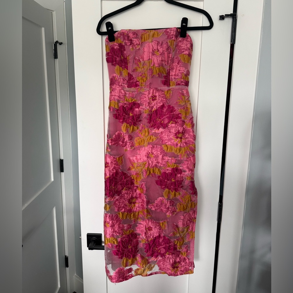 Lulus Upgraded Event Pink Jacquard Strapless Bustier Midi Dress - Size S - Picture 7 of 9